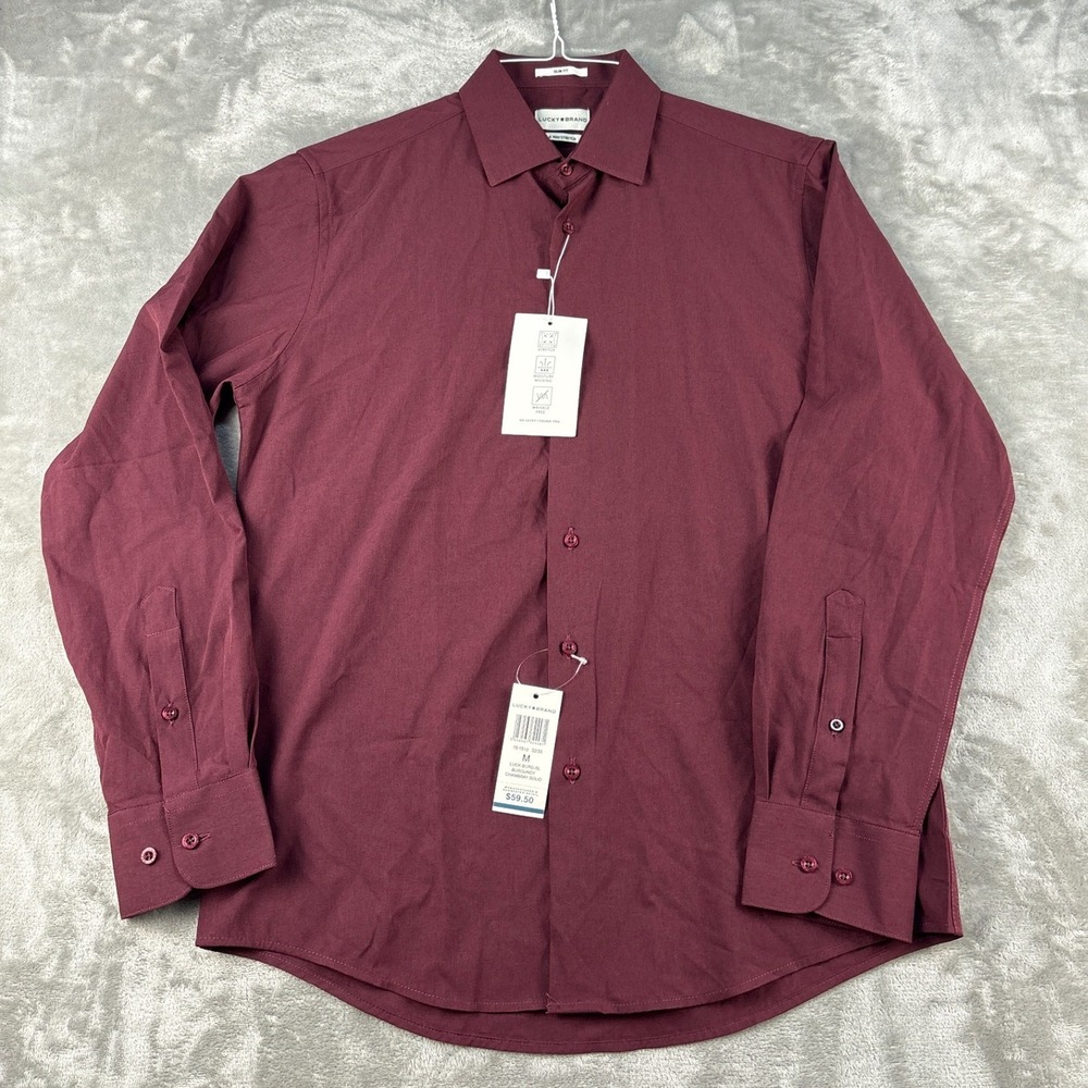 Lucky Brand Shirt Mens M Slim Fit Burgundy Chambray Solid 4-Way Stretch NEW